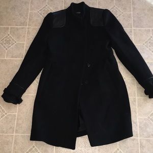 MAJE BLACK EUC LEATHER TRIM FLARE COAT